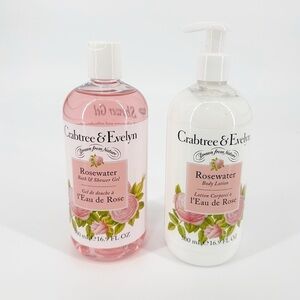 NEW 2 Crabtree & Evelyn Rosewater Body Lotion Pump & Bath Shower Gel 16.9 fl oz